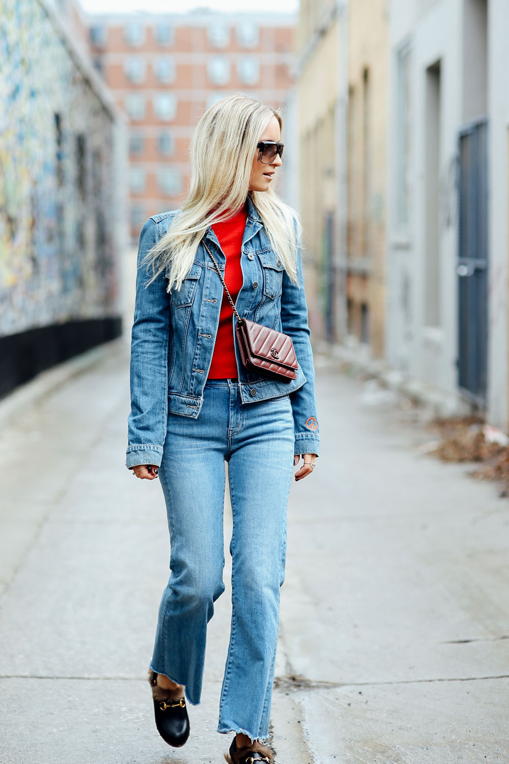 denim and red outfits