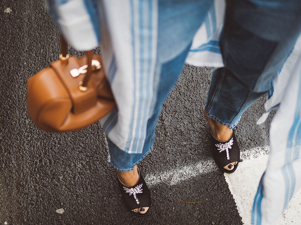 Charlotte Groeneveld Thefashionguitar for Moda Operandi wearing Attico crystal embellished mules