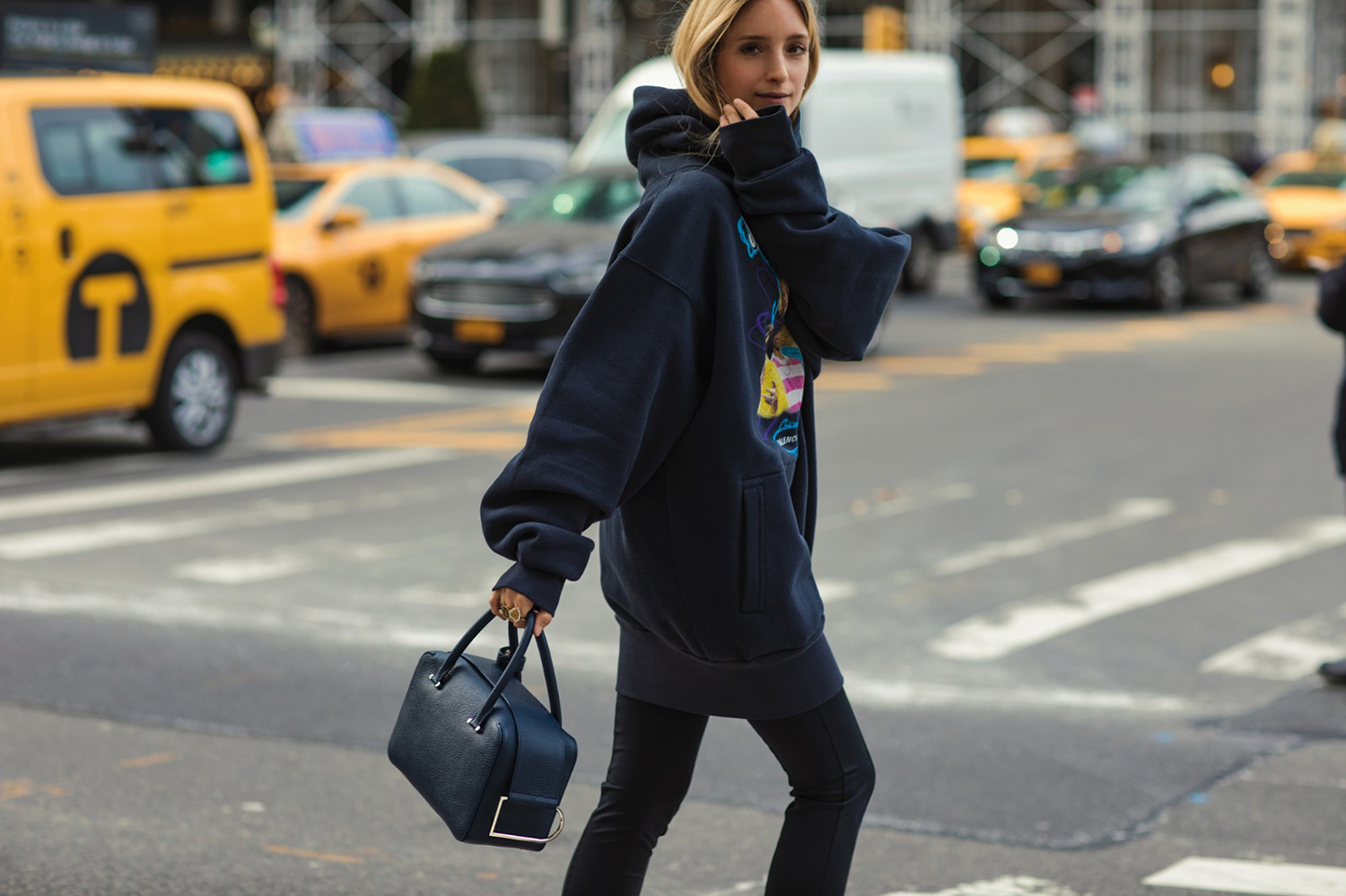 Charlotte Groeneveld in New York wearing Balenciaga and a Delvaux bag